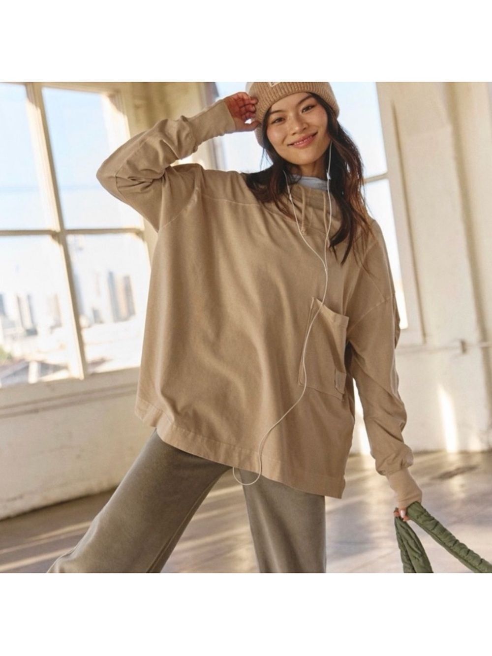 Free People Movement Hot Shot Hooded Layer Slouchy Layering Hoodie Tan Neutral L - Picture 2 of 15